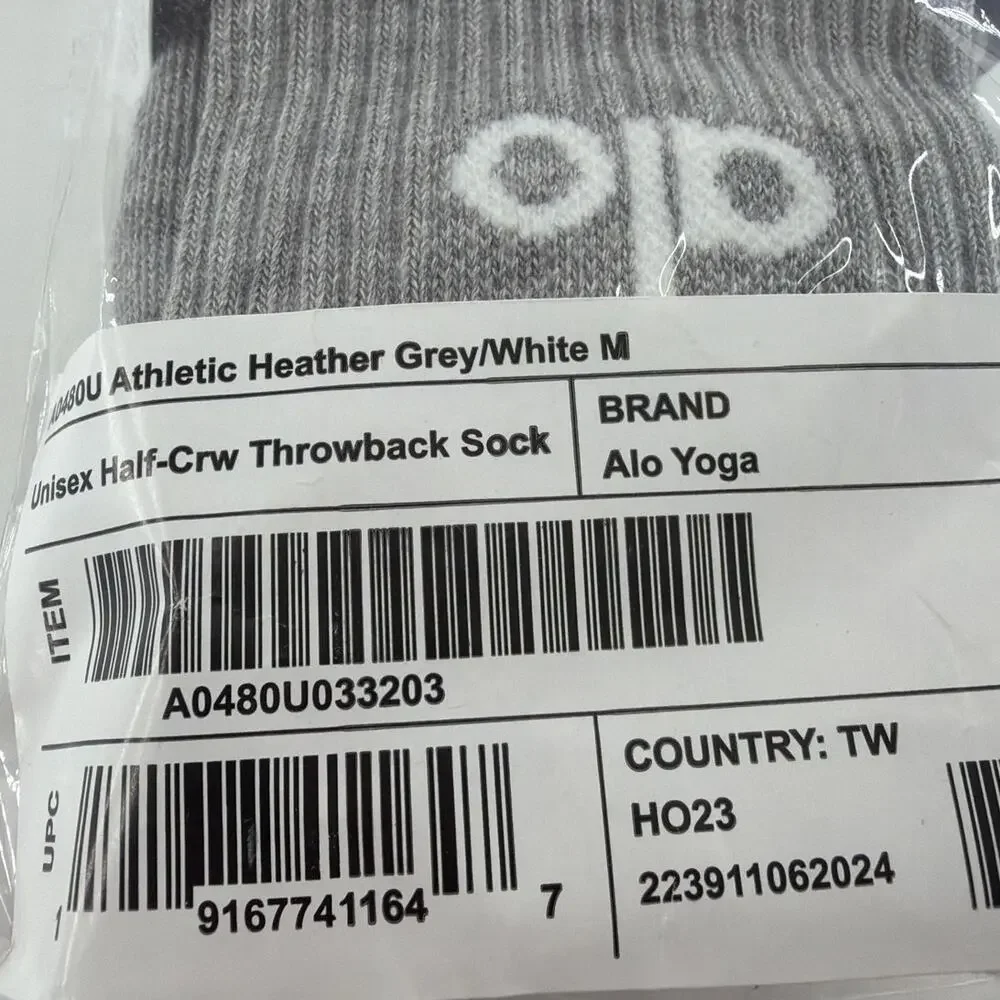 Alo Yoga Unisex Athletic Heather Gray White Half-Crew Throwback Socks Size M